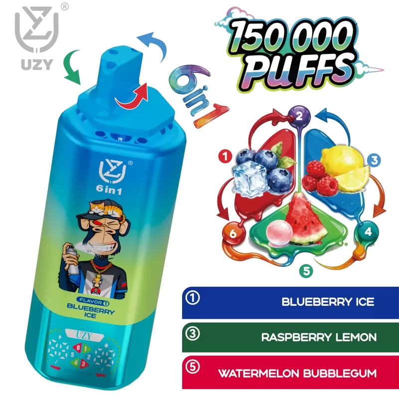 UZY 6 IN 1 150000 – 150K Puffs 0%/2%/3%/5% Nicotine 64ml Disposable Vape Wholesale Price - 150000 puffs; Vape Product, Vape Product; Blueberry Ice /Raspberry Lemon /Watermelon Bubblegum, Blu - Image 2