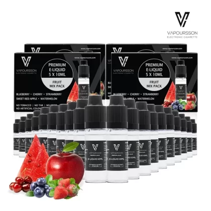 VAPOURSSON 25 X 10ml E-Liquid Mixed Fruits Apple Blueberry Cherry Strawberry Watermelon New Super Grade Formula made for Electronic Cigarette and E Shisha