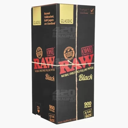 RAW | Black Classic 1 1/4 Size Pre-Rolled Cones | 84mm – Unbleached Paper – 900 Count