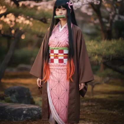 Pink Kimono Demon Girl Kamado Nezuko Cosplay Costume - Bamboo Muzzle Outfit