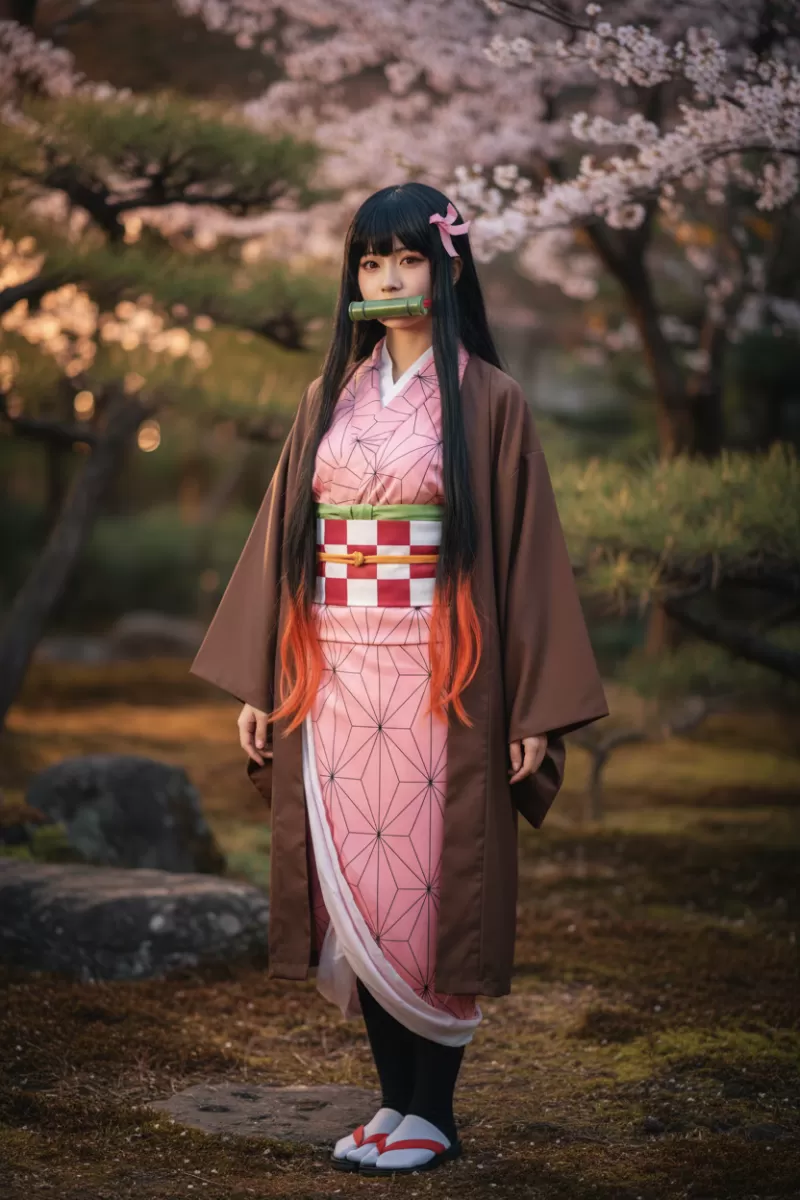 Pink Kimono Demon Girl Kamado Nezuko Cosplay Costume - Bamboo Muzzle Outfit
