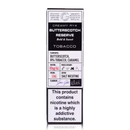 BUTTERSCOTCH RESERVE NICOTINE SALT E LIQUID BY GLAS BASIX 10ML – 10MG / 20MG