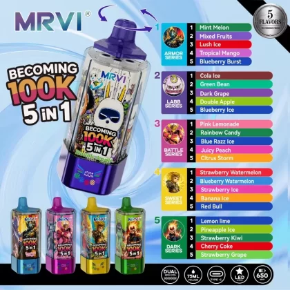 MRVI Becoming 5 Flavors Disposable Vape – 100000 10K Puffs | 75ml E-Liquid | 650mAh Rechargeable Battery | Dual Mesh Coil | Type-C Charging | Power & E-Liquid Display Screen | Worldwide