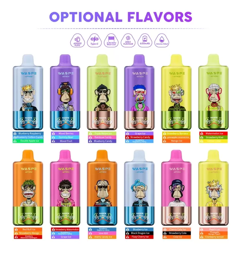 Waspe Aiviou 3in1 60000 Puffs Disposable Kit - Strawberry Raspberry Cherry & Love 666 & Cherry Candy Ice / 20mg / CN-SZ Warehouse - Image 2