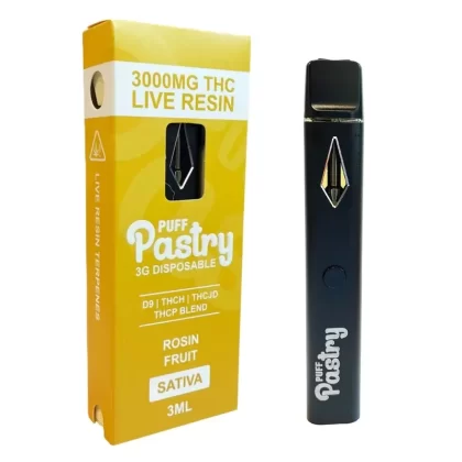 Puff Pastry THC Live Resin Blend Vaporizer – 3000mg - Strain#Blueberry Pound Cake (I)>Rosin Fruit (S)>Strawberry Strudel (H)>Watermelon Sugar (H) (CC6FA7)
