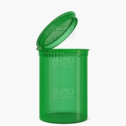 Child Resistant | Transparent Green Pop Top Bottles | 30dr – 7g – 150 Count