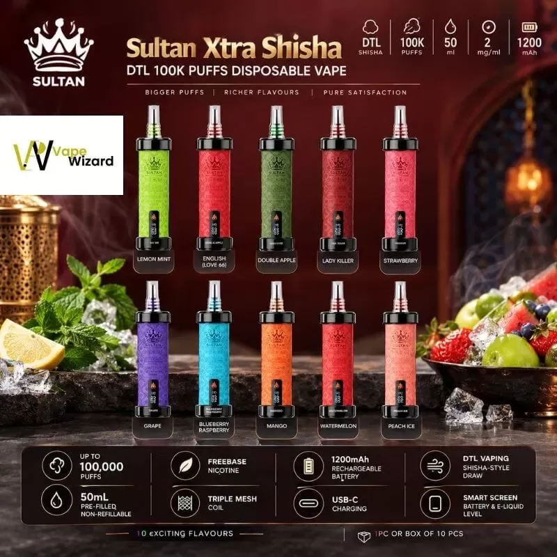 Sultan Xtra Shisha DTL 100K Puffs Disposable Vape - Blueberry Raspberry, Double Apple; Vape Product, Box of 10 Pcs