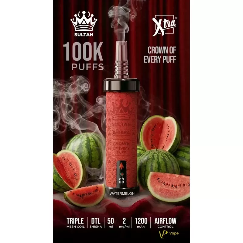 Sultan Xtra Shisha DTL 100K Puffs Disposable Vape - Blueberry Raspberry, Double Apple; Vape Product, Box of 10 Pcs - Image 2