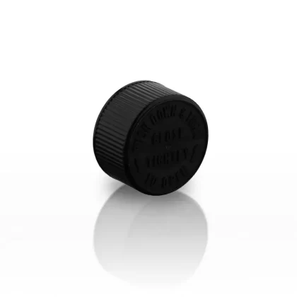 Child Resistant Plastic Caps | Embossed Text w/ Foam Liner | 28mm – Black – 126 Count