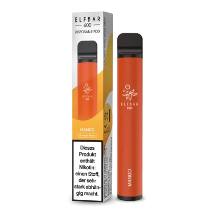 ELF BAR 600 – Mango - Mango / Elf Bar / 20mg/ml / 550 mAh / Propylenglykol / pflanzliches Glycerin / Aromastoffe / Nikotin / ca. 600