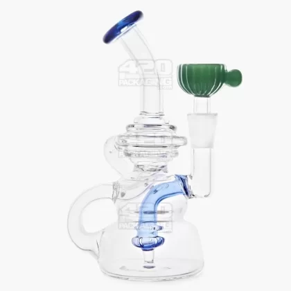USA Glass | Bent Neck Single Uptake Recycler Water Pipe w/ Orb Perc | 5.5in Tall – 10mm Bowl – Blue