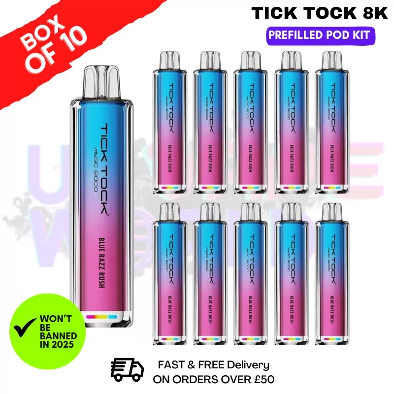 Blue Razz Rush Tick Tock Magic 8000 8K Box Of 10