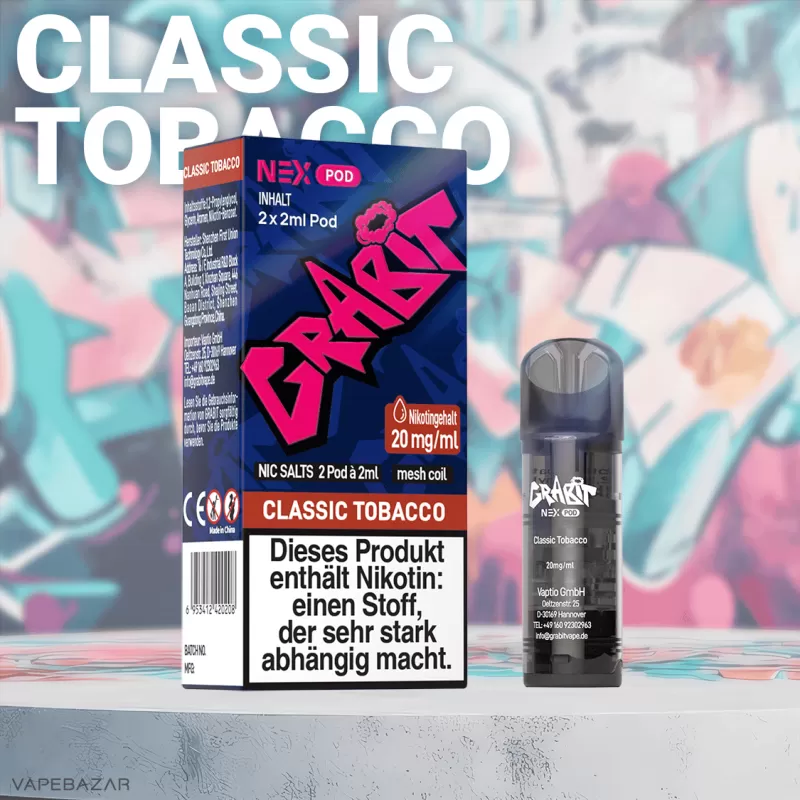 Grabit Nex Pods – Classic Tobacco (2er Pack) (ELFA Kompatibel) - Grabit Nex / Tabak / 20mg/ml / ca. 1200 insgesamt - Image 2