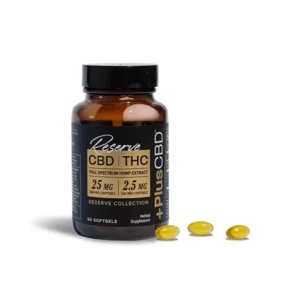 PlusCBD Reserve 2.5mg THC + 25mg CBD Softgels, Full Spectrum 60ct 75mg THC + 750mg CBD