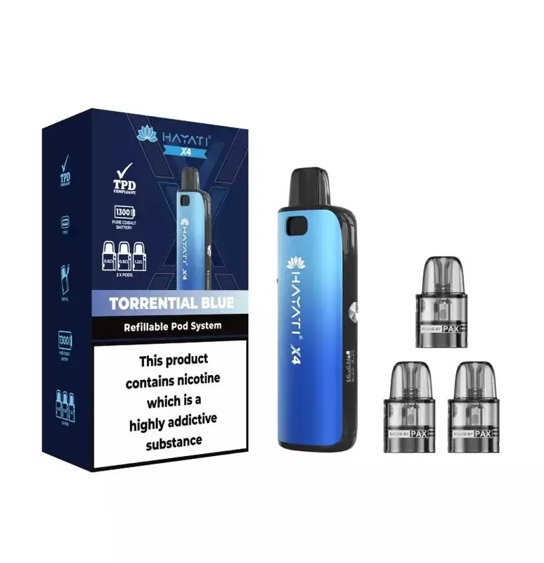 Torrential Blue Hayati X4 Pod Vape Kit 1300mAh – 2ml Pods, 3x & 10ml Nic Salt