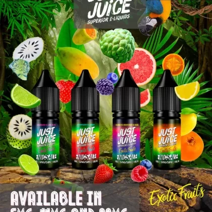 Just Juice Exotic Fruits Nic Salts - Flavour#Lulo & Citrus Ice>Guanabana & Lime on Ice>Cherimoya Grapefruit & Berries>Strawberry & Curuba>Pineapple Papaya & Coconut~Nic Salt Strength#5mg>11m