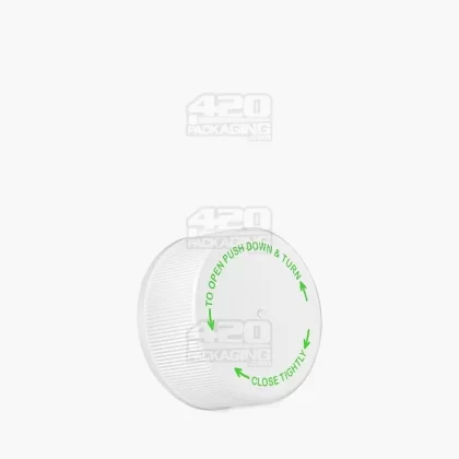 Child Resistant | Ribbed Push Down & Turn Plastic Caps w/ Text & Foam Liner | 28mm – Semi Gloss White – 504 Count