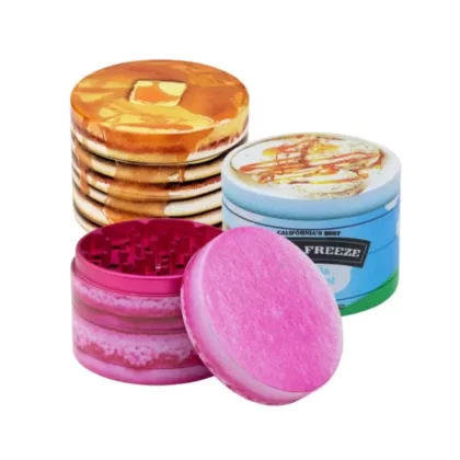 V Syndicate Metal Dine-In Grinder – 4 Piece - Design#Brain Freeze>Burrito>Cinnamon Roll>Ice Cream Sandwich>Macaroon (Blueberry)>Macaroon (Raspberry)>Pancakes>Popcorn>Quarter Pounder>Sushi Ro