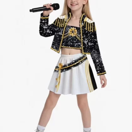 Pop Idol Stage Costume for Kids Ages 3-12 - Black Printed Performance Outfit - 3-4year/110cm, 4-5year/120cm (E8205B)