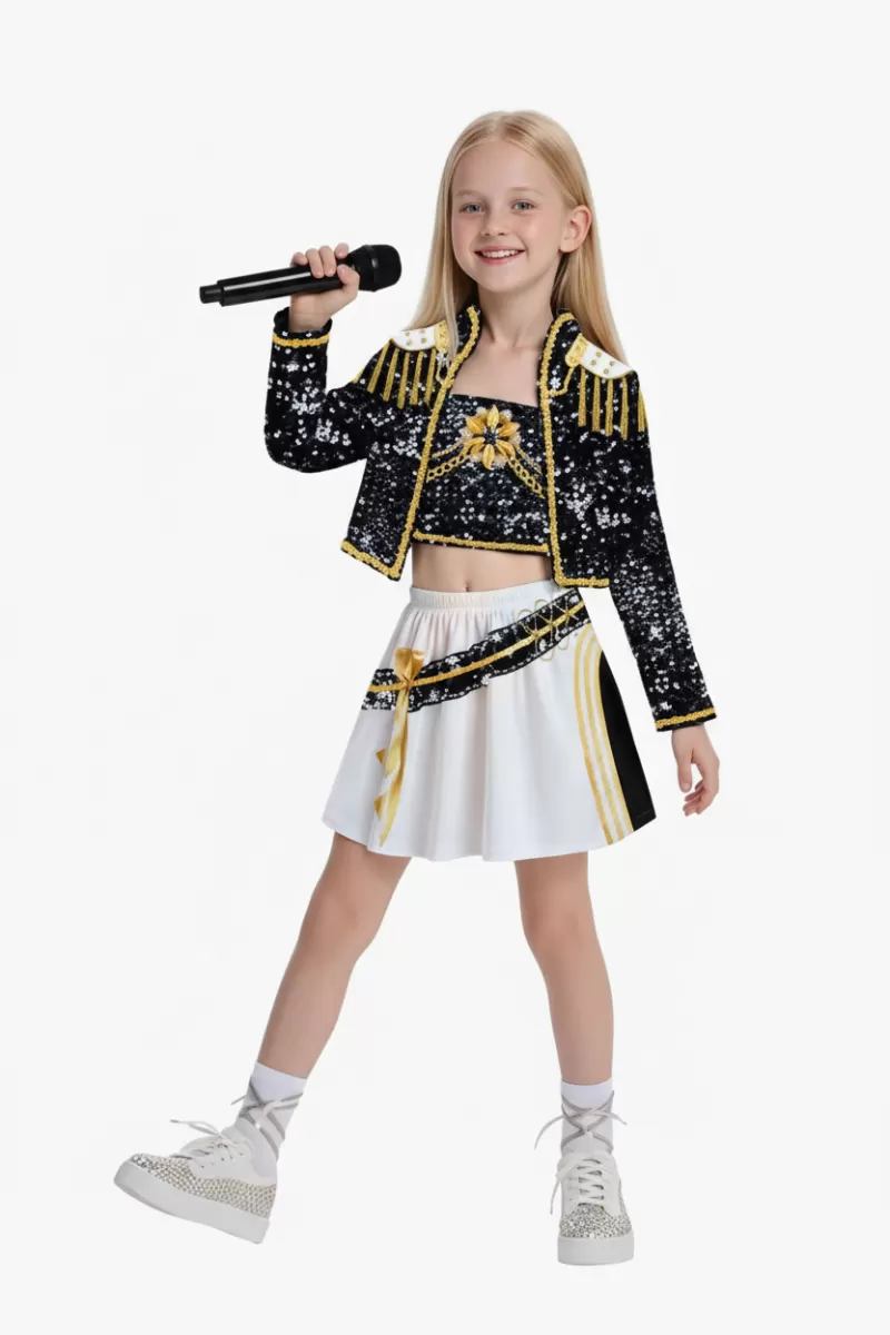 Pop Idol Stage Costume for Kids Ages 3-12 - Black Printed Performance Outfit - 3-4year/110cm, 4-5year/120cm (E8205B)