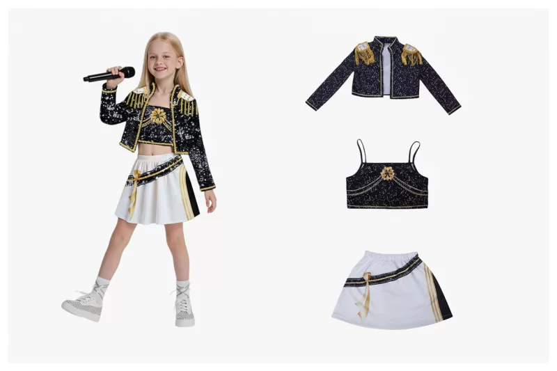 Pop Idol Stage Costume for Kids Ages 3-12 - Black Printed Performance Outfit - 3-4year/110cm, 4-5year/120cm (E8205B) - Image 2