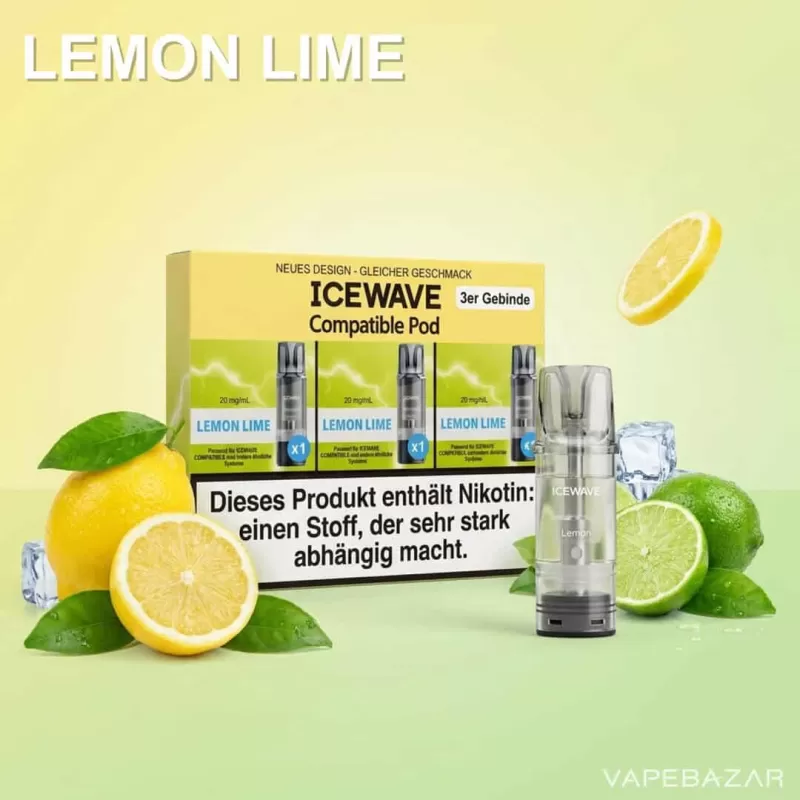 ICEWAVE Pod – Lemon Lime – 3er Pack - ICEWAVE / Zitrone / Limette / Propylenglykol / Aromastoffe / Glycerin / 20mg/ml