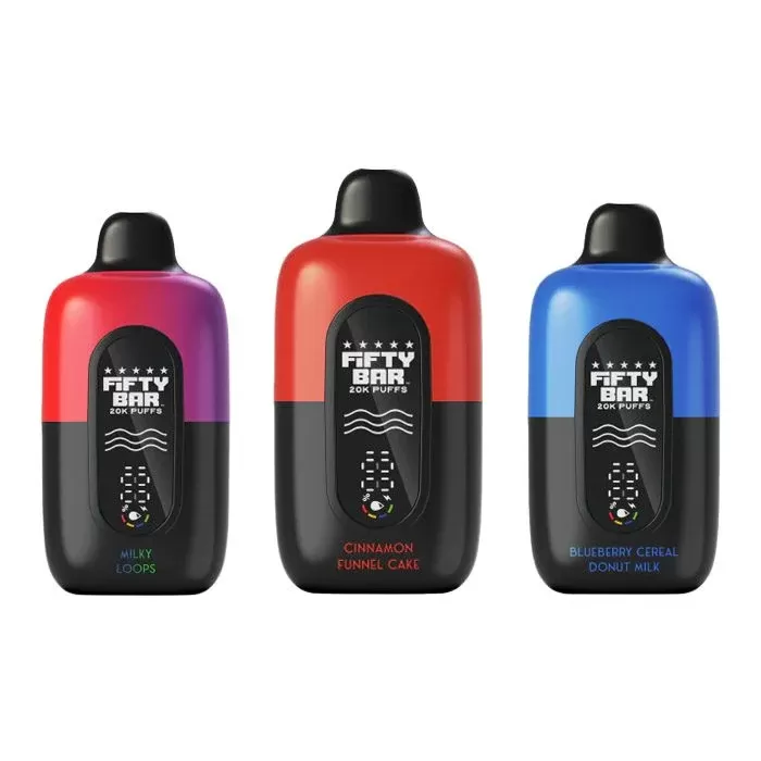 Fifty Bar 20K Disposable Vape - Flavor#B Pop>Baja Burst>Bonker Berries>Blueberry Cereal Donut Milk>Blueberry Pound Cake>Butterbean>Chocolate Creme>Cinnamon Funnel Cake>Cookie Butter>Green Ap