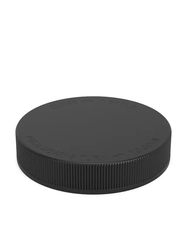 Child Resistant | Ribbed Push Down & Turn Plastic Caps | 89mm – Semi Gloss Black – 205 Count