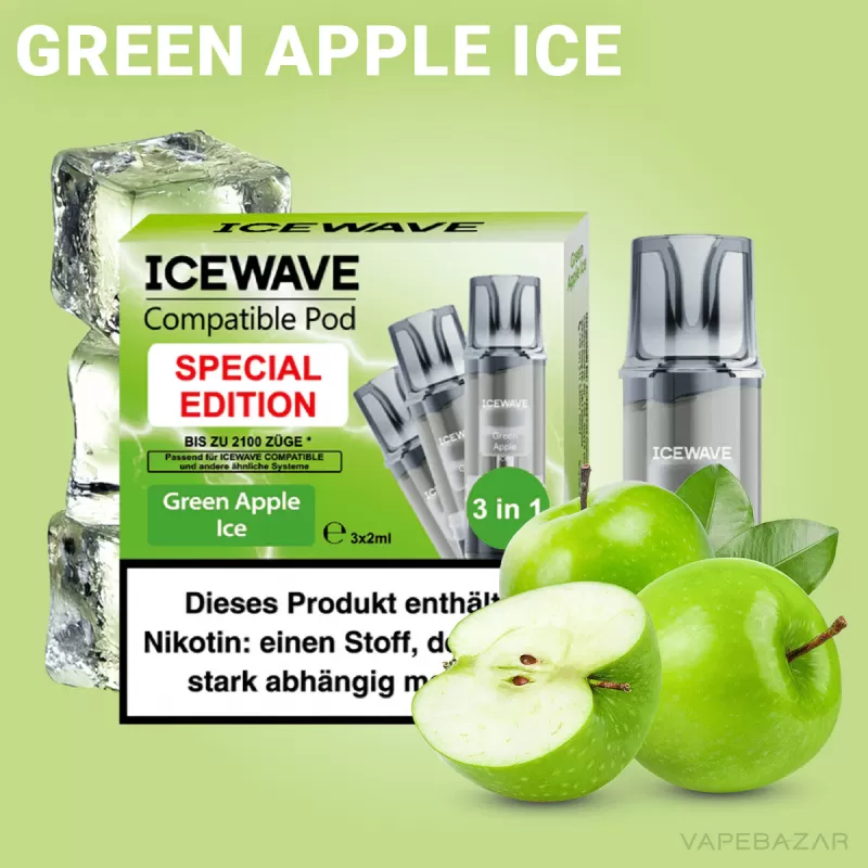 ICEWAVE Pod – Green Apple Ice – 3er Pack - ICEWAVE / Ice / Apfel / Glycerin / Propylenglykol / Aromastoffe / 20mg/ml