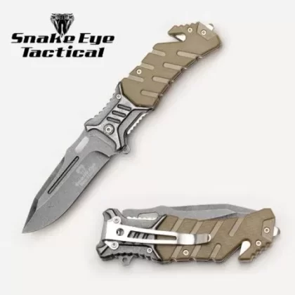Snake Eye Tactical Rescue Style Spring Assisted Knife – Tan Stone Wash