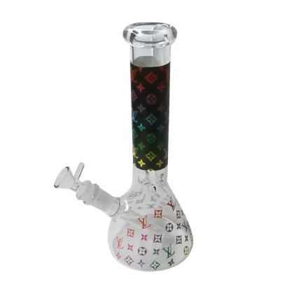 Waterpipe – Clear Glass – With Rainbow Louis Vuitton Print – H25cm - Black & Gold, Dark Base