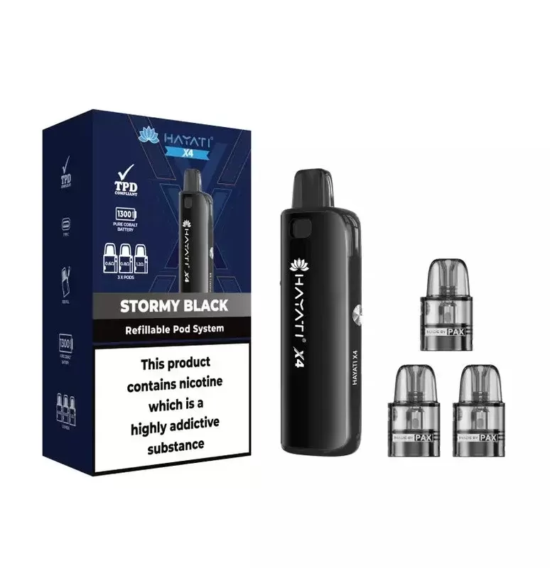 Stormy Black Hayati X4 Pod Vape Kit 1300mAh – 2ml Pods, 3x & 10ml Nic Salt