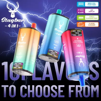 STAG BAR 4 In 1 80000 – 80K Puffs 4 × 18ml LED display Disposable Vape - 80000 puffs; Vape Product; Banana Strawberry & Strawberry Grape & Red Bull & Double Apple, Blue Razz Fusion & Pineapp (79F65D)