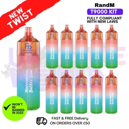 Watermelon BubbleGum Randm T9000 Puffs Box Of 10