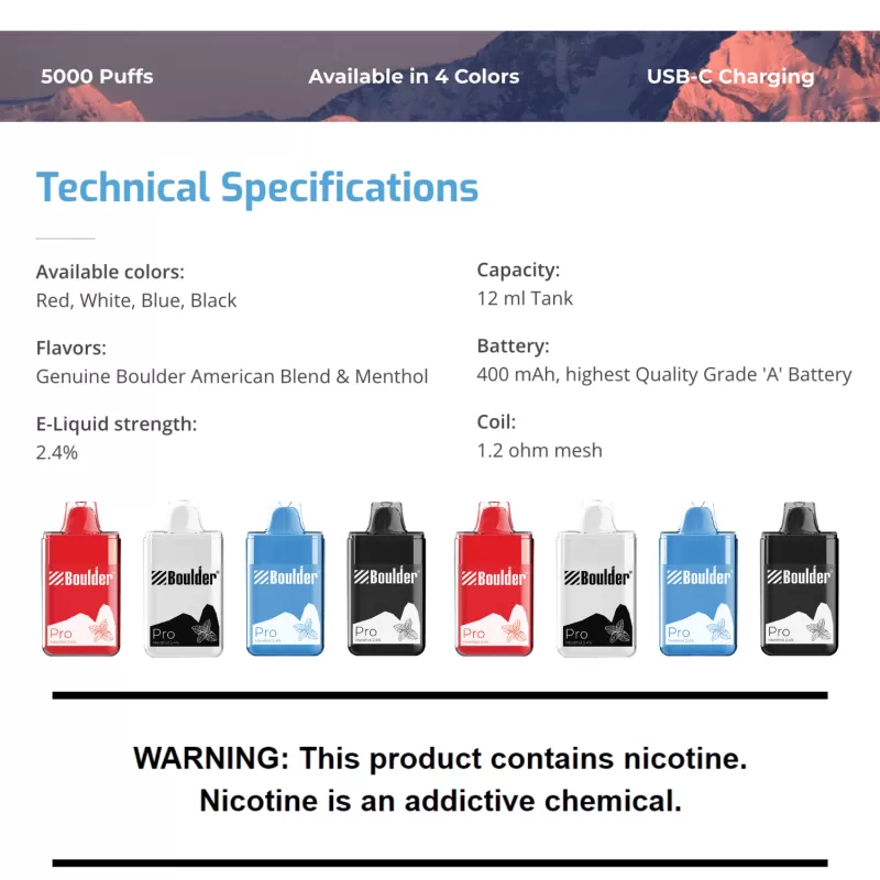 Boulder Pro American Blend Tobacco 5000 Puffs Disposable Vape Device - Image 2