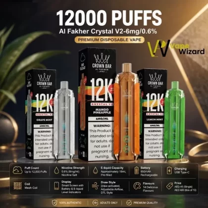 Al Fakher Crown Bar 12K Crystal V2 Disposable Vape - Berry Ice, Cool Mango; Vape Product, Box of 10 Pcs