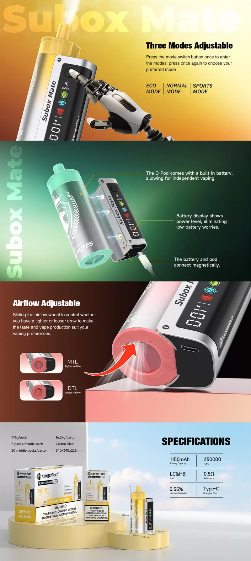 Kanger Subox Mate D-Pod 50K 50000 Puffs Disposable Kit 40ml - Grape Ice / 35mg / 1pc / US-1 Warehouse - Image 3