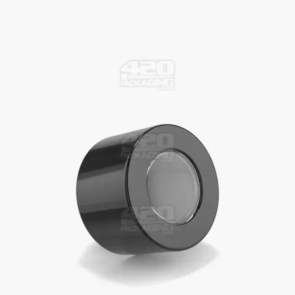 POLLEN GEAR | HiLine Child Resistant Smooth Push Down & Turn Plastic Magnifying Caps | 50mm – Glossy Black – 72 Count