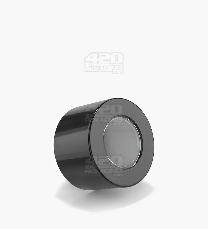 POLLEN GEAR | HiLine Child Resistant Smooth Push Down & Turn Plastic Magnifying Caps | 50mm – Glossy Black – 72 Count