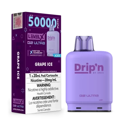 Level X G2 Ultra Drip’n Pods – Grape Ice, 50K Puffs - Strength#20MG>20MG (ONT-TAX)