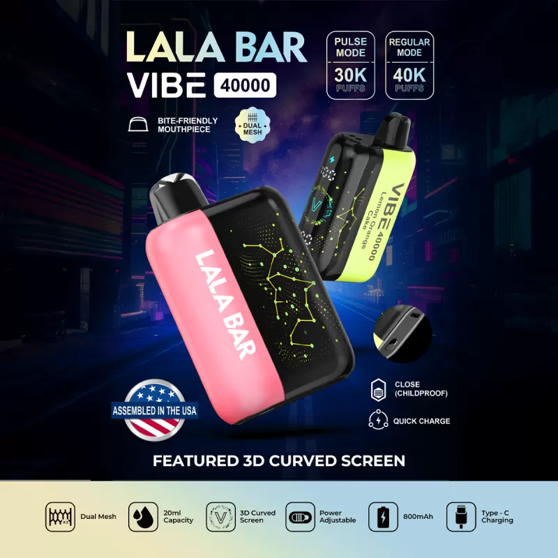 Assembled in USA | LALA BAR Vibe 40K Puff Disposable Device - TEXAS COMPLIANT VERSION - Grape Ice