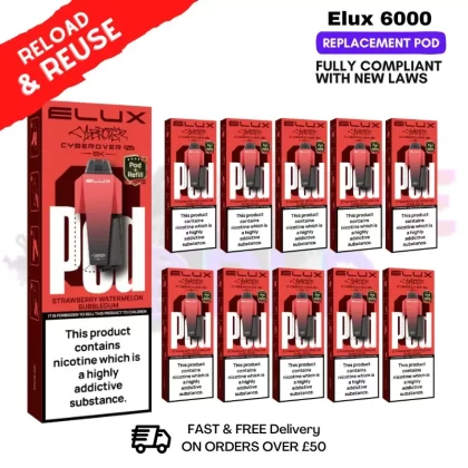 Strawberry Watermelon Bubblegum Elux 6K Replacement Pods Box Of 10