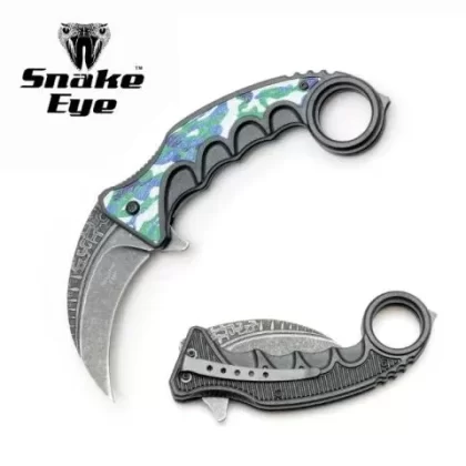 Snake Eye Tactical Spring Assist Karambit Style Knife- White Blue And Green