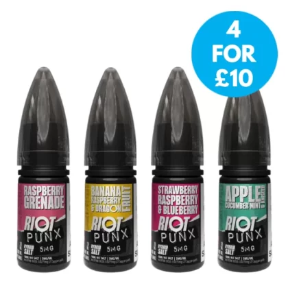 5mg Riot Squad Punx 10ml Nic Salt (50VG/50PG) - Apple Cucumber Mint & Aniseed, Banana Rasberry & Dragonfruit; Vape Product