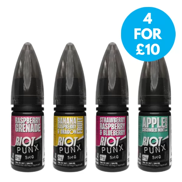 5mg Riot Squad Punx 10ml Nic Salt (50VG/50PG) - Apple Cucumber Mint & Aniseed, Banana Rasberry & Dragonfruit; Vape Product