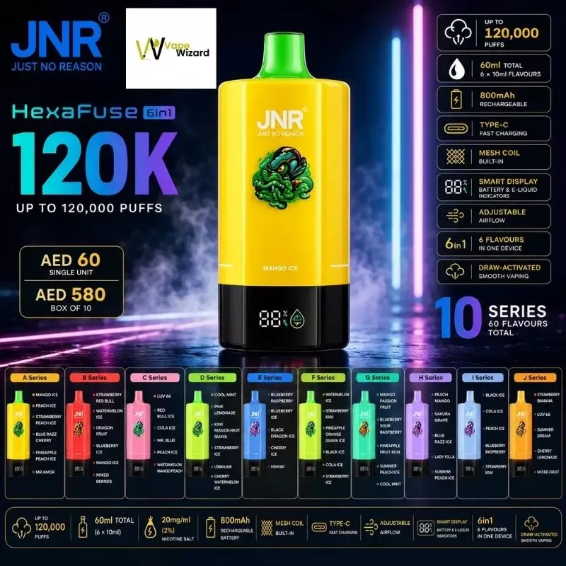 JNR HexaFuse 120000 Puffs 6-in-1 Disposable Vape 20mg in the UAE - Series A (Yellow): Summer Peach Ice, Strawberry Ice, Blue Razz Cherry, White Peach Razz, Mi Amor, Fizzy Cherry Cola, Series