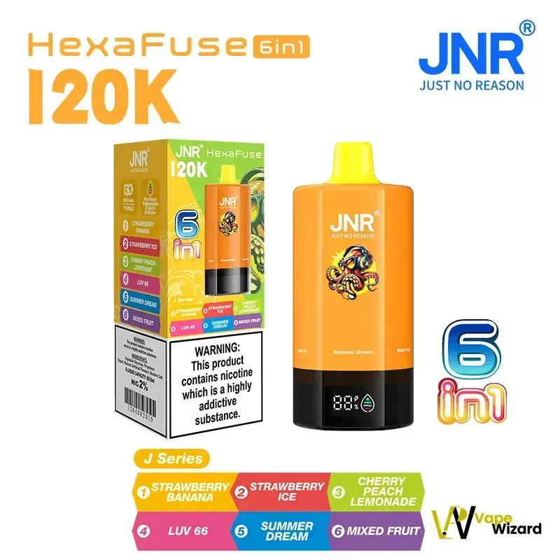 JNR HexaFuse 120000 Puffs 6-in-1 Disposable Vape 20mg in the UAE - Series A (Yellow): Summer Peach Ice, Strawberry Ice, Blue Razz Cherry, White Peach Razz, Mi Amor, Fizzy Cherry Cola, Series - Image 2
