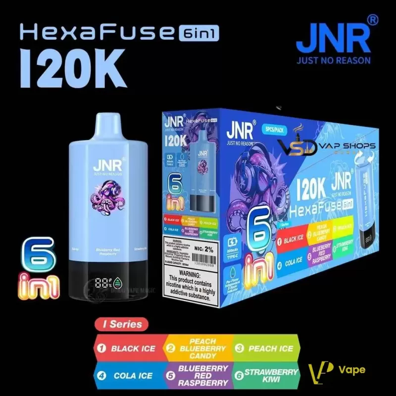 JNR HexaFuse 120000 Puffs 6-in-1 Disposable Vape 20mg in the UAE - Series A (Yellow): Summer Peach Ice, Strawberry Ice, Blue Razz Cherry, White Peach Razz, Mi Amor, Fizzy Cherry Cola, Series - Image 3