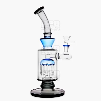 Bent Neck Tree Perc Color Trim Glass Water Pipe w/ Thick Base | 10.5in Tall – 14mm Bowl – Black