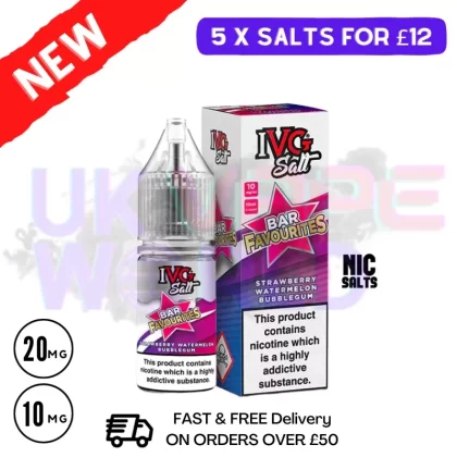 Strawberry Watermelon Bubblegum IVG “Bar Favourites” Salt 10ml Nic Eliquid